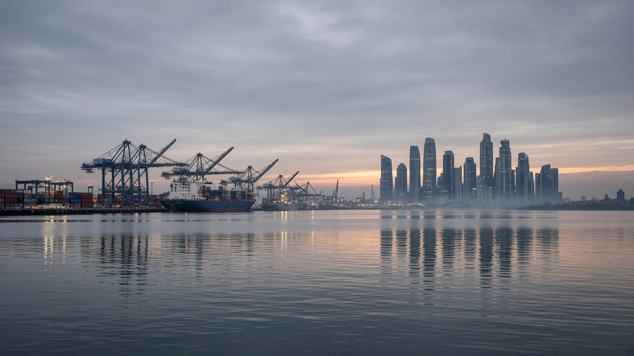 Commercial harbour with a city skyline beyond
