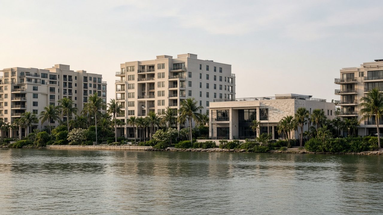Residential buildings along a waterfront